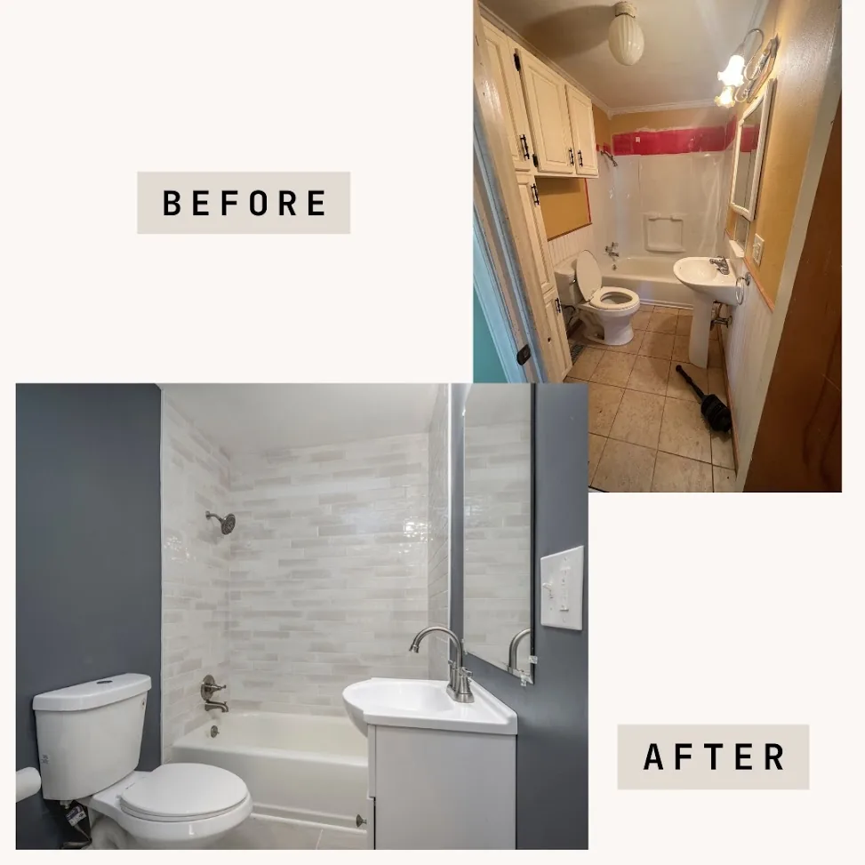 Before-and-after bathroom remodel with a tiled shower and modern vanity