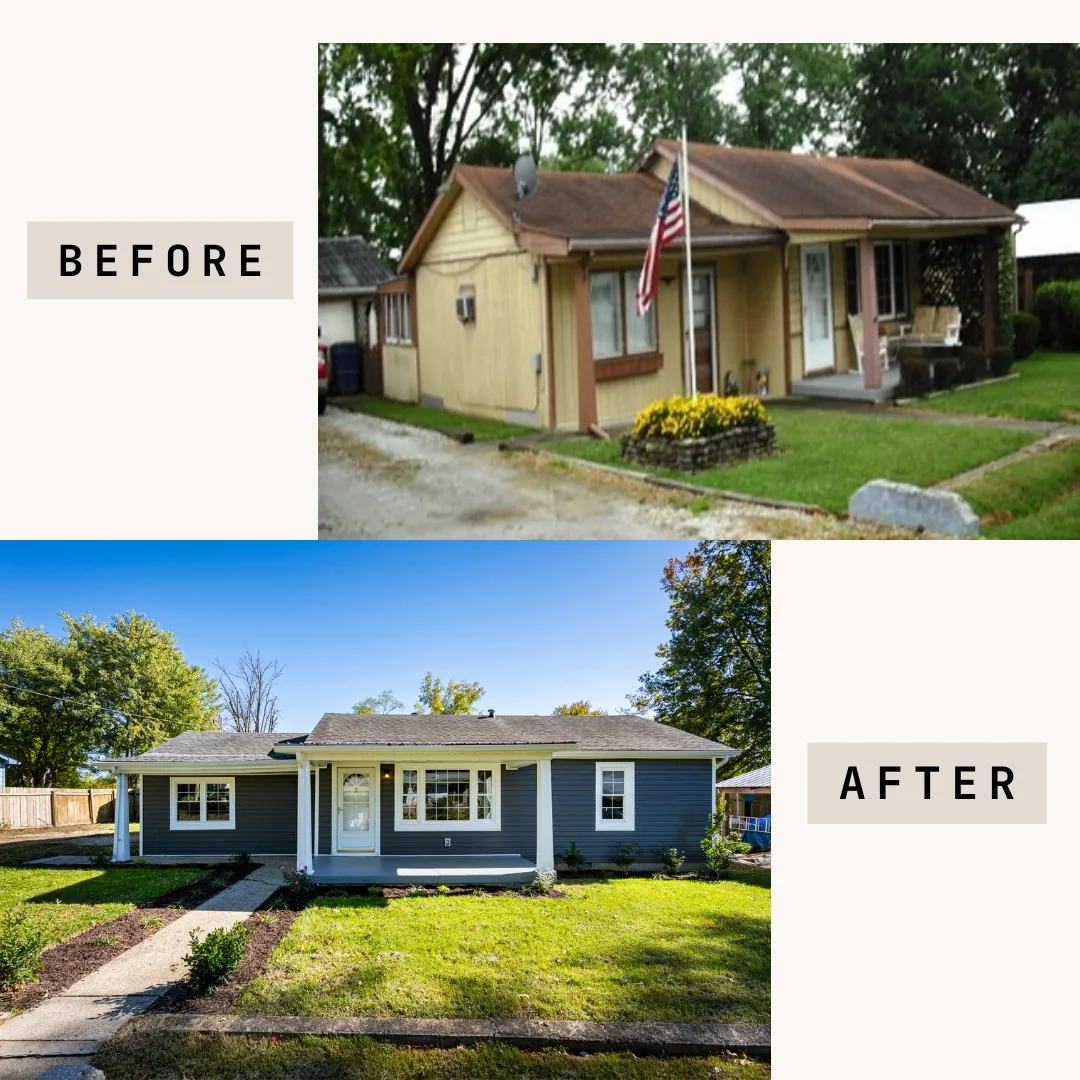 Before-and-after exterior transformation of a small home