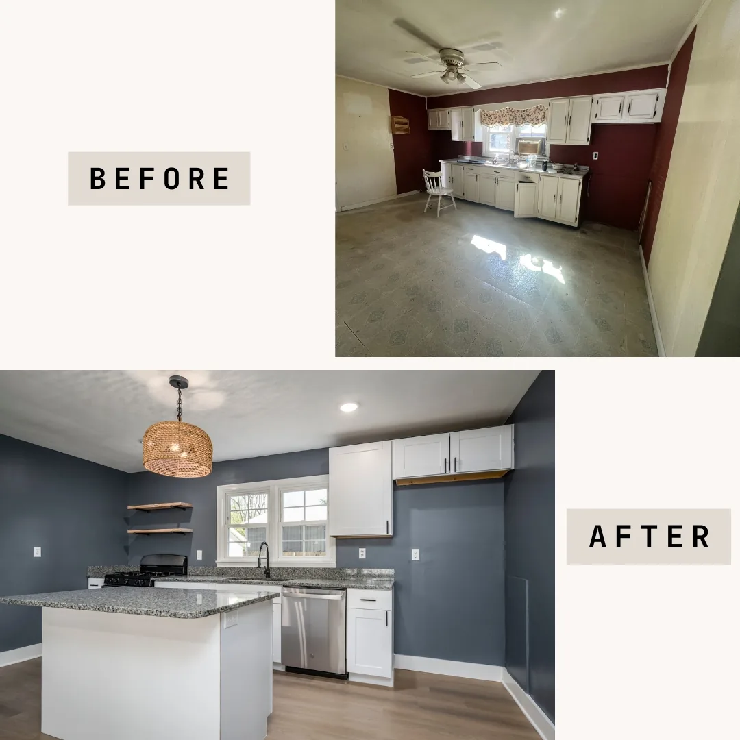 Before-and-after kitchen remodel with white cabinets and dark blue walls